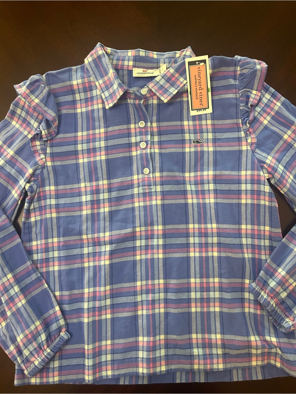 NWT Vineyard Vines Girls Large Nyack Plaid Flannel Top Blue Pink Shirt